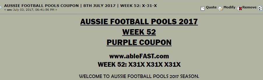 AUSSIE FOOTBALL POOLS COUPON | 8TH JULY 2017 | WEEK 52: X-31-X